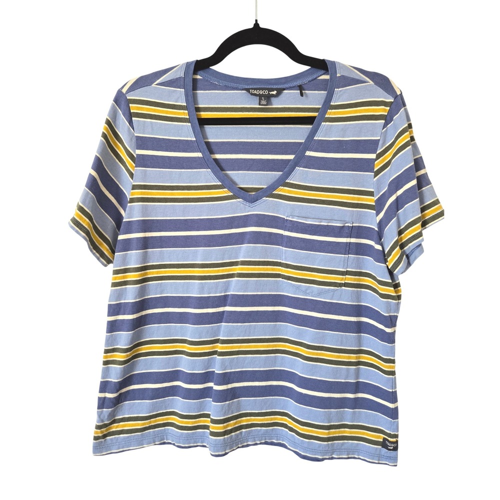 Toad & Co Womens L Grom V-Neck Striped Organic Cotton Hemp Pocket T-Shirt Blue